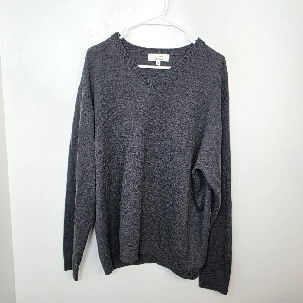 Turnbury Gray 100% Extra Fine‎ Merino Wool V-Neck Preppy Quiet Luxury Sweater XL